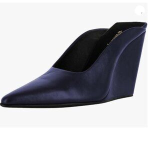 Wansseny Women Chic Pointed Toe Wedge High Heel Mules Slip On Ladies Blue Shoes